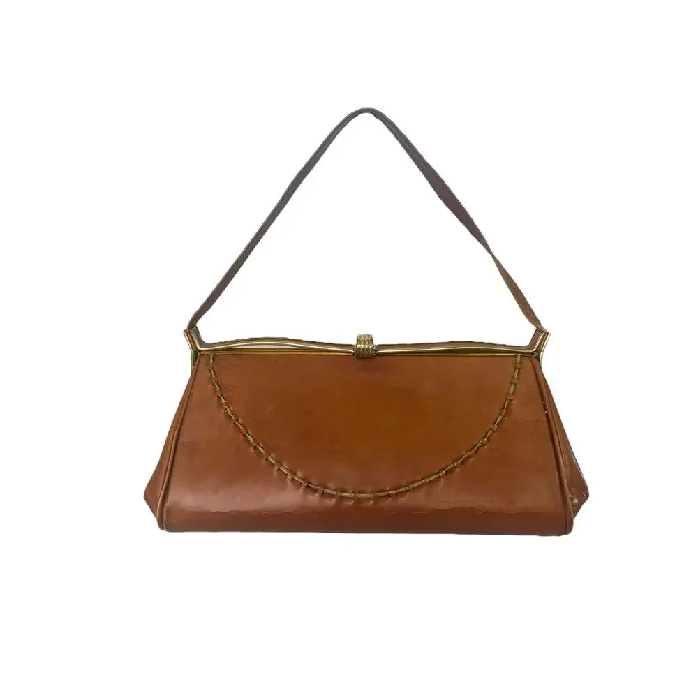 Vintage 1950s Brown Leather Frame Clutch Shoulder Bag Whipstitch
